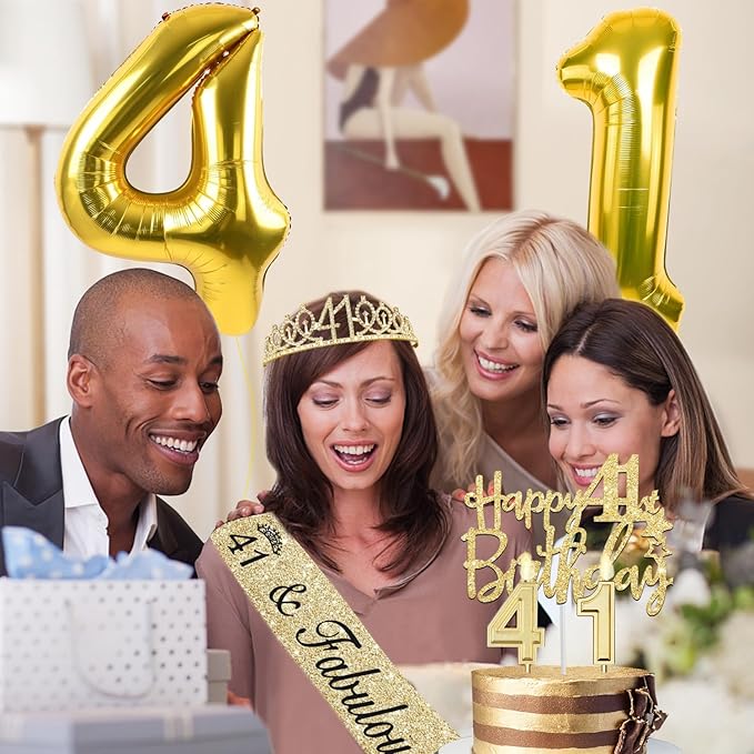 41st Birthday Decorations for Women Gold with 41st Birthday Sash and Tiara, Cake Topper and Candles, Number Balloons, 41 Year Old Gifts for Women