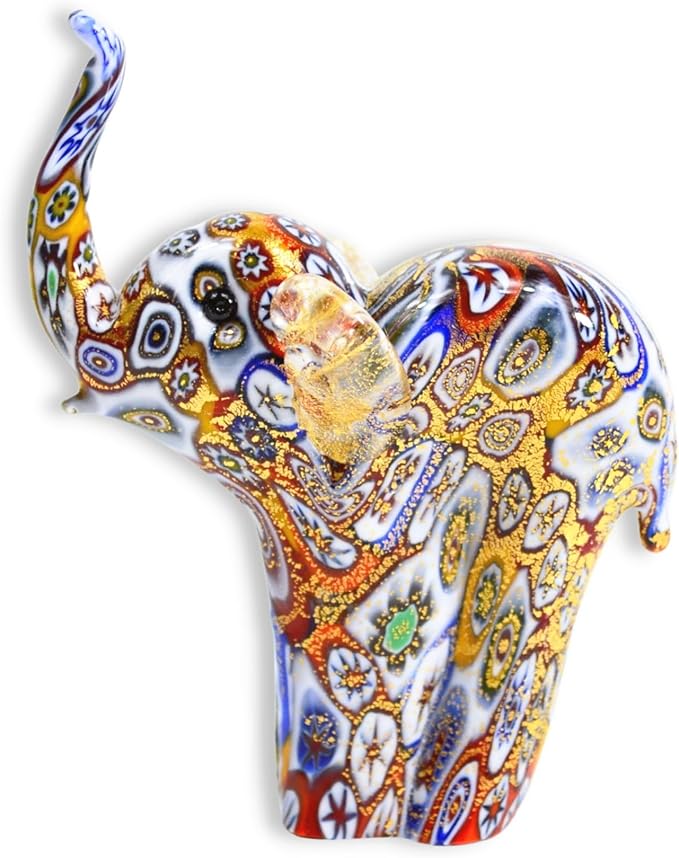 Handmade Authentic Murano Glass Millefiori Mosaic Elephant Figurine, 3.5" Tall, 24K Gold Foil Finish, Cute Glass Elephant Figurine, Collectible, Animal Ornament Gift Decor, Made in Italy