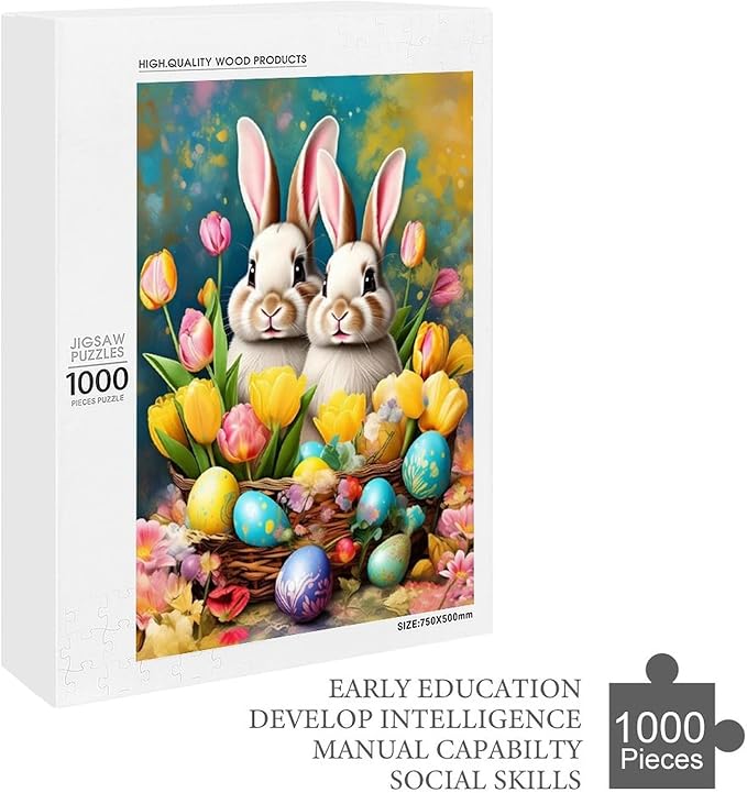 Wooden Puzzle - Easter Tulips Bunny Jigsaw Puzzles，Wooden Puzzles for Adults 1000 Pieces Unique Gifts for Wall Art，Challenge Puzzles，Educational Games，Family Puzzles