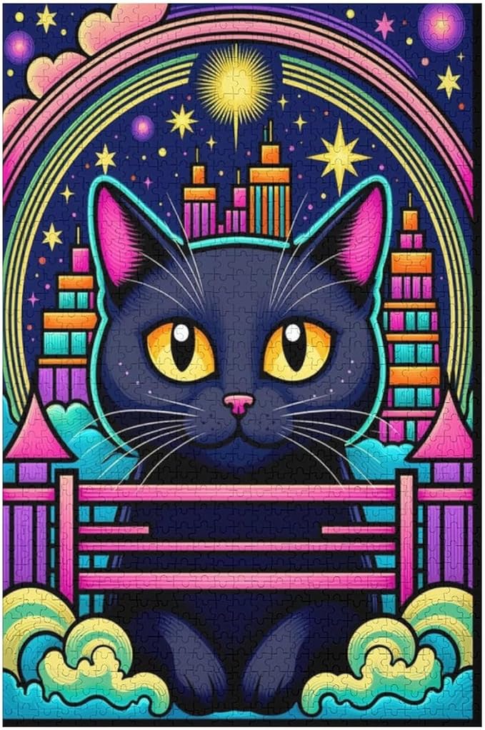 Wooden Puzzle - Dreamy Starry Night Cat Jigsaw Puzzles，Wooden Puzzles for Adults 1000 Pieces Challenge Puzzles，Educational Games，Family Puzzles，Unique Gifts for Wall Art