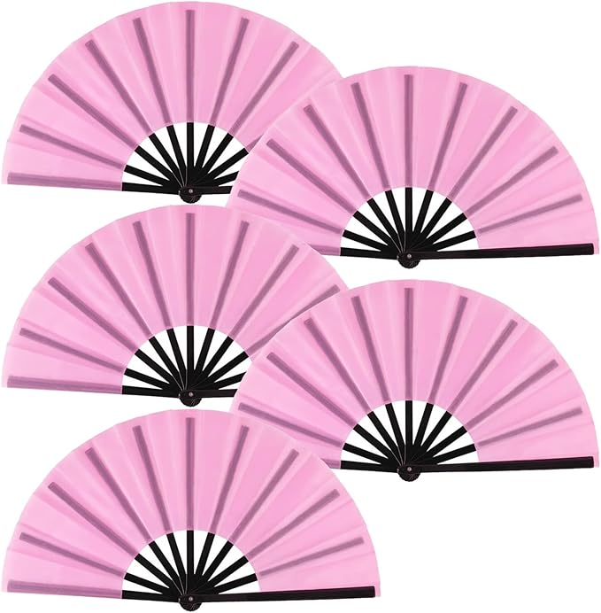 Huralona 5 Pack Large Folding Hand Clap Fan Fabric Rave Popping Fans Chinese Kung Fu Tai Chi Hand Fan Festival Dance Gift Performance Decorations (Pink)