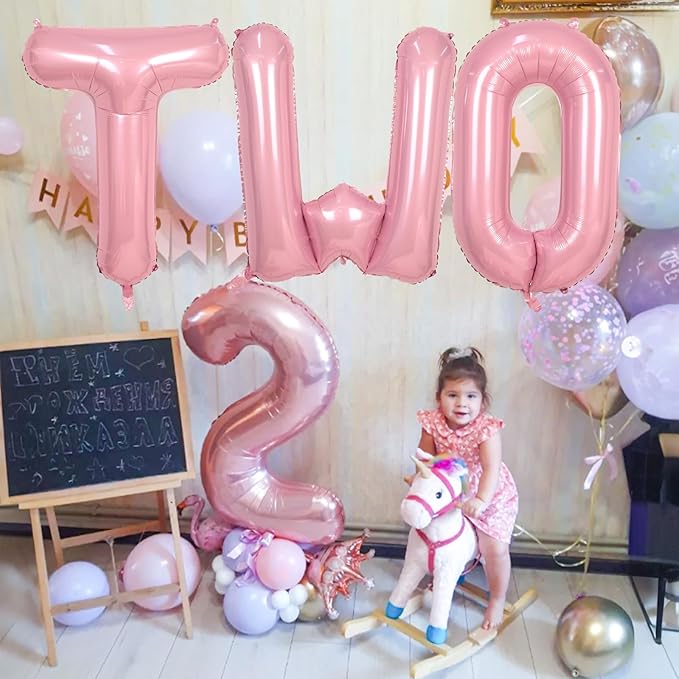 40 Inch Pastel Pink TWO Letter Balloons, Light Pink TWO Balloon Letters with Ribbon, Pearl Pink Alphabet TWO Balloon for Kid Girls 2 Year Old Birthday Second 2nd Anniversary Party Decorations
