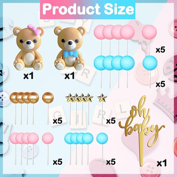 38 Pieces Bear Cake Topper Decorations Set- Oh Baby Cake Topper，Stars，Pearl Balls Cake Decoration for Gender Reveal party Baby Shower Supplies, He or She Gender Reveal Party（blue and pink）