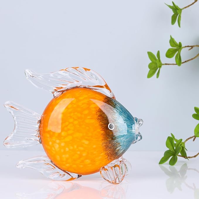 LCCCK Large Glass Fish Figurines Hand Blown Glass Fish Statue and Sculpture Home Decor, Murano Animal Tropical Sea Glass Paperweights for Desk, Glass Aquarium Coastal Beach Decorative (Orange)