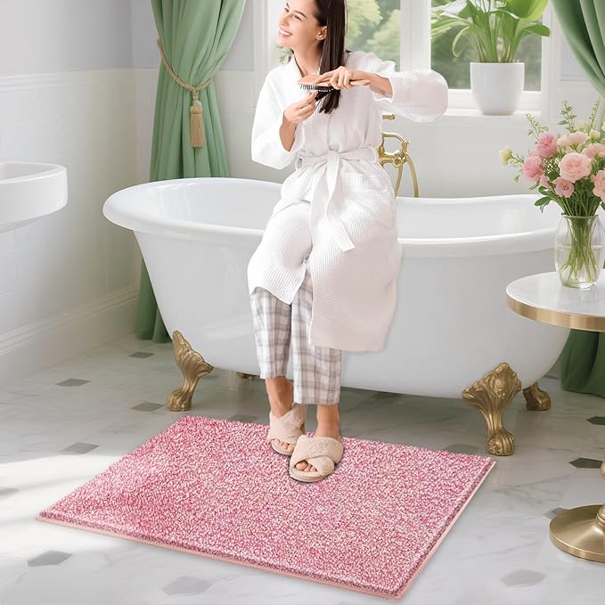 HDFK Bathroom Rugs | Non Slip Washable Bath Mats 24x16 Inches 2 Tone Chenille Medium Pile TPR Backing Floor Mat | Quick Dry Water Absorbent Pink and White | Shower Rug for Vanity Zone & Decor