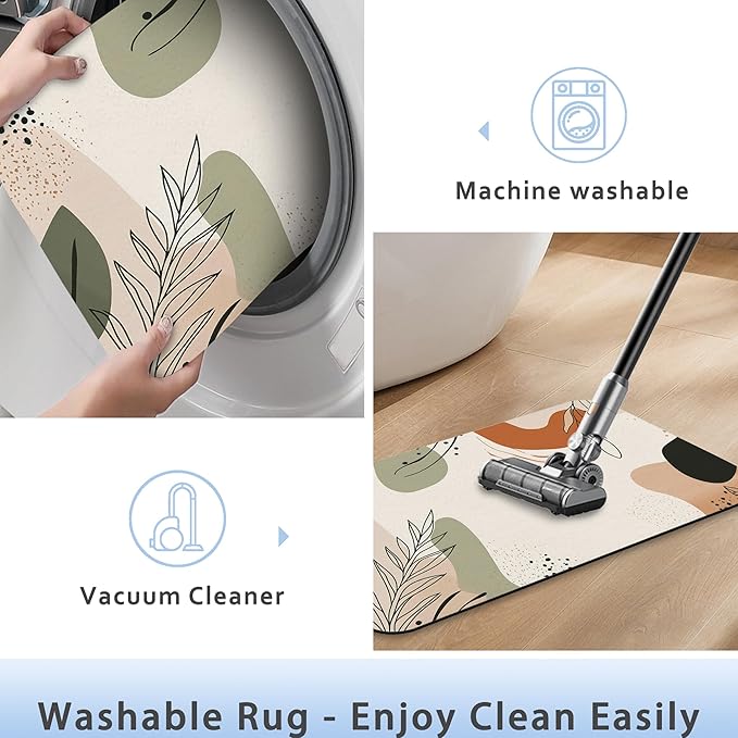 Abstract Boho Lines Leaf Fast Drying Absorbent Bathroom Mat, Non-Slip Rubber Backing Thin Low-Profile Bath Rug, Easy-Clean Bathroom Floor Mat for Shower, Bathtub, Kitchen, or Entryway