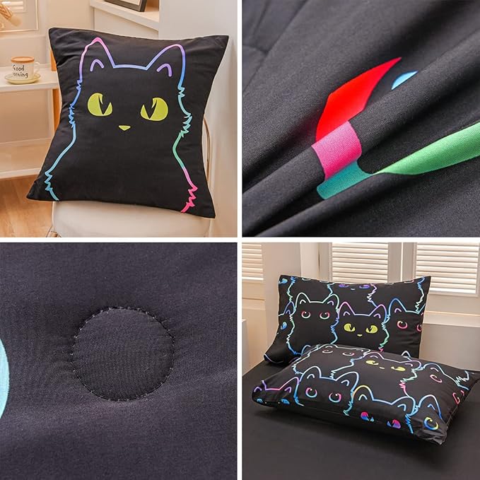 Cute Cat Full Comforter Set with Sheets, Boys Girls Lightweight 6 Pcs Bed in A Bag Full Size Bedding Set for Kids Teens