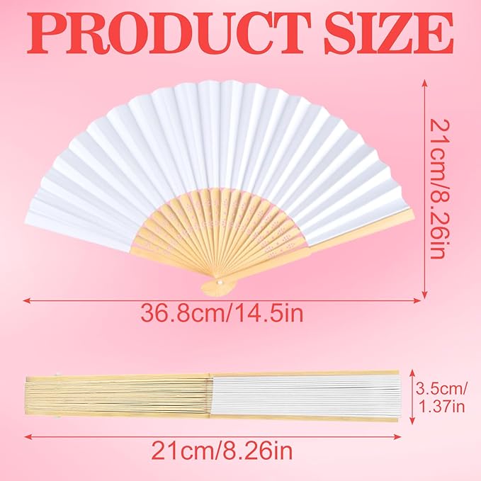 NEBURORA 24Pcs White Handheld Paper Fans 8.3 Inch Hand Held Bamboo Fans Foldable for Wedding Decoration Outdoor Party Favors DIY Decoration Dancing Photography Props