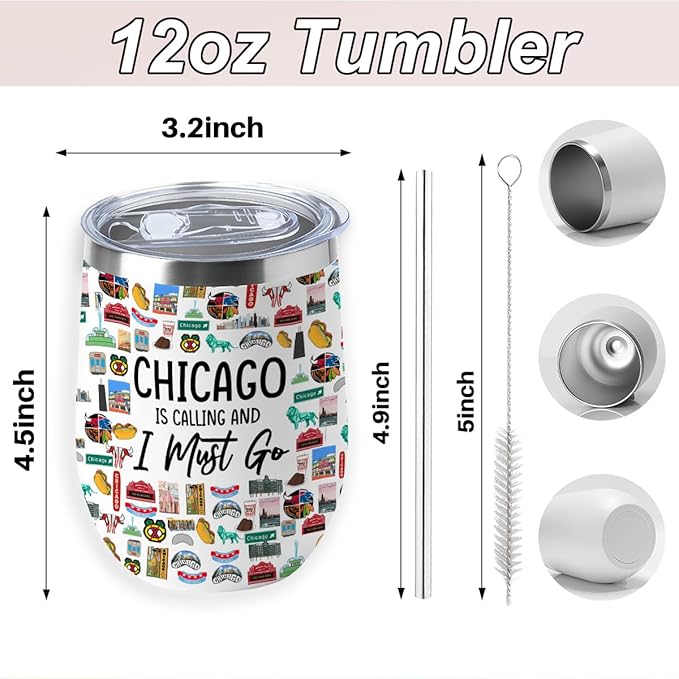 Chicago Gifts Travel Souvenir Wine Tumbler 12 oz Insulated Wine Glass Cup with Lid Straw Vacuum Insulated Cup,Travel Lover Gifts for Women Men Friend Bestie Birthday Christmas Halloween