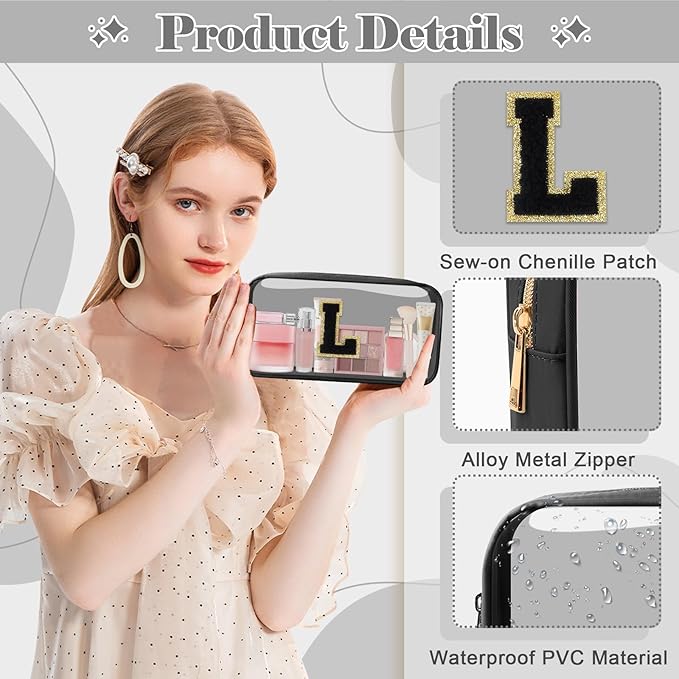 Personalized Initial Letter Clear Makeup Bag,Preppy Small Nylon&PVC Cosmetic Zipper Bag with Chenille Letter,Travel Skincare Toiletry Bag,Monogram Christmas Gift for Teen Girls Women,L