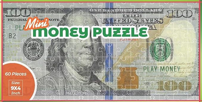 100-Piece Jigsaw Puzzle 9x4 Inches 100 Hundred Dollar Bill Copy Money Puzzle Educational Kids Souvenir Birthday Gift Party