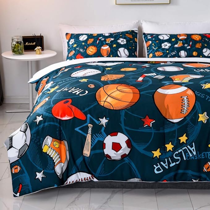 Sports Comforter Sets Bed in A Bag Queen Size,3D Soccer Basketball Baseball Football Theme Quilt Set for Kids Boys Children Fans Bedding Decorative