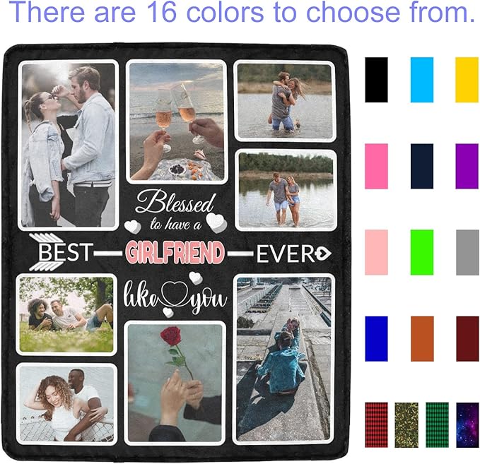 Custom Blanket Gifts for Girlfriend, Customized Blankets with Photos, Make a Personalized Bed Throws, Custom Souvenir Throw Blanket for Best Girlfriend Ever, 8 Collages Made in USA