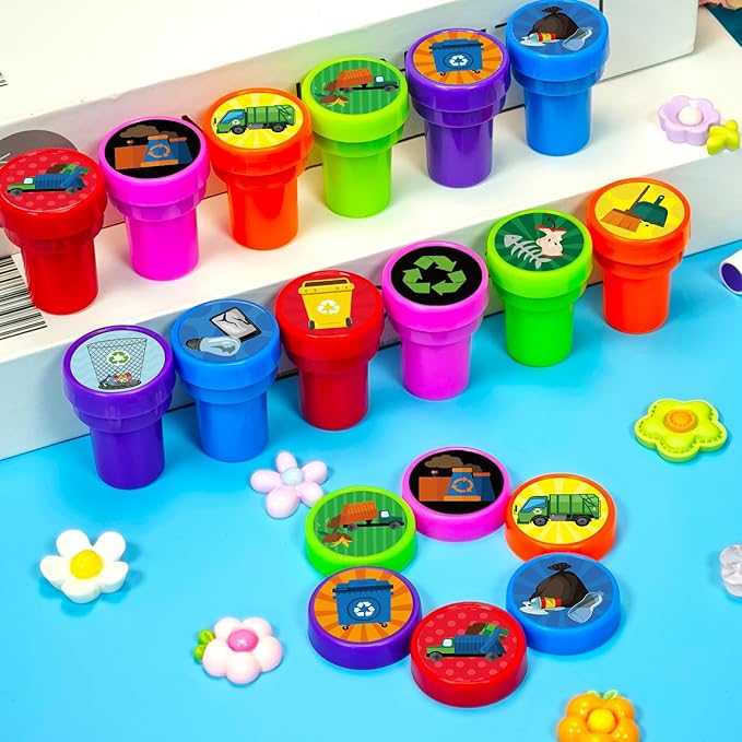 Cinrobiye 24 Pcs Garbage Truck Party Favor Stampers,Garbage Truck Party Supplies, Truck Waste Party Favors Gifts, Classroom Rewards Carnival Prizes, Goodie Bag Pinata Fillers