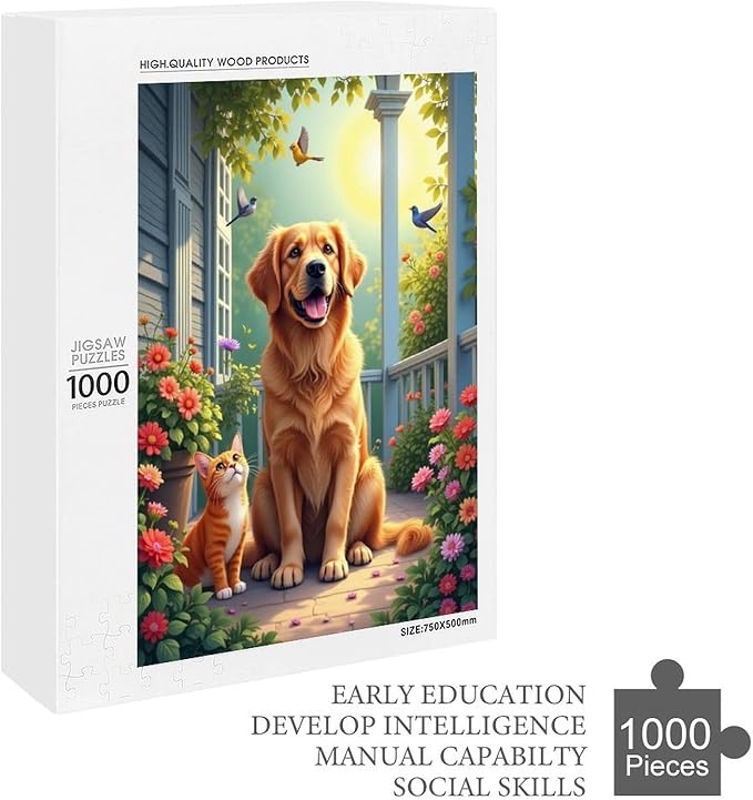Wooden Puzzle - Garden Golden Retriever Jigsaw Puzzles，Wooden Puzzles for Adults 1000 Pieces Challenge Puzzles，Educational Games，Family Puzzles，Unique Gifts for Wall Art