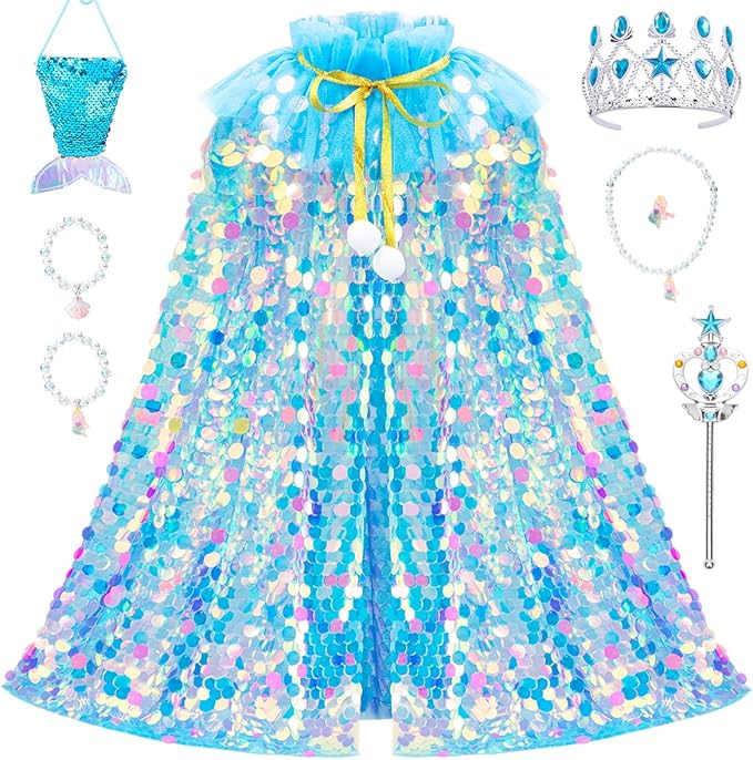 Meland Princess Dress Up for Girls 3-8, 11Pcs Mermaid Cape with Crown, Dress Up Clothes Birthday Gift Toys for Girls Toddlers