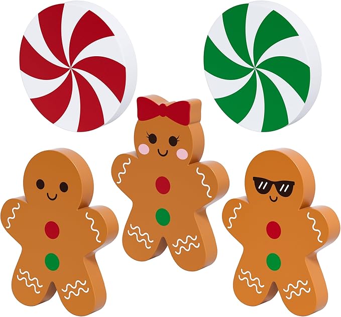 Gingerbread Christmas Decorations Tiered Tray Decor, 5 Pcs Gingerbread Candy Wooden Signs Table Decor for Home Kitchen Office