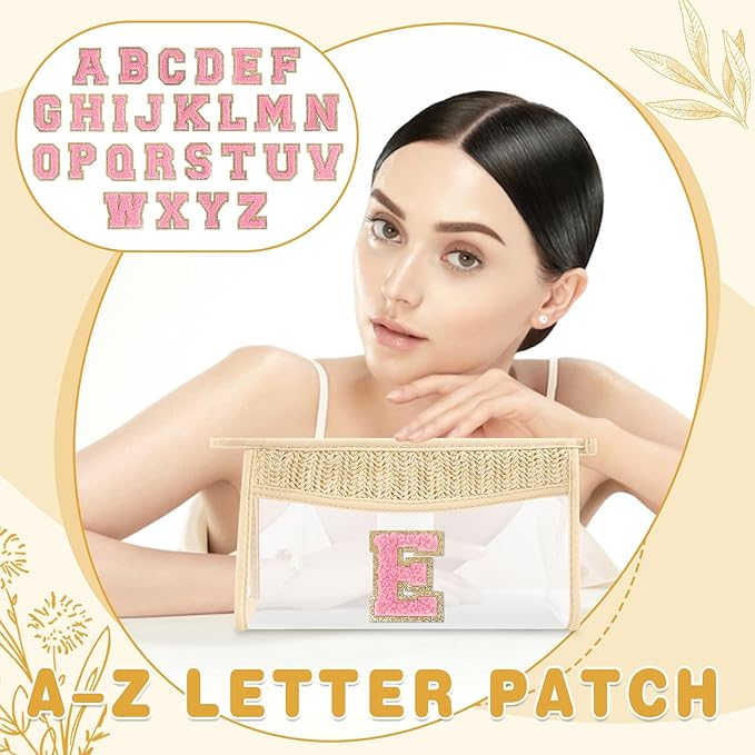Small Boho Straw Initial Letter Makeup Bag Personalized Gift ,Cute Clear Chenille Patch Makeup Bag With Zipper,Trendy TSA Approved Travel Toiletry Bag,Gift for Women Girls Birthday Friend, Letter E