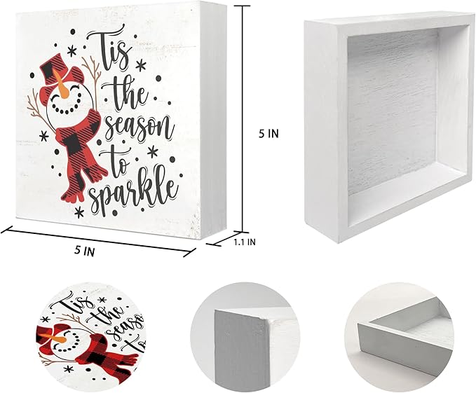 Mtrgdn Christmas Snowman Decor Sign,Winter Tis the Season to Sparkle Snowman Wooden Box Sign,Christmas Decorations for Home Bathroom Bedroom Office Table Desk Shelf Wall Decoration,5x5 Inch