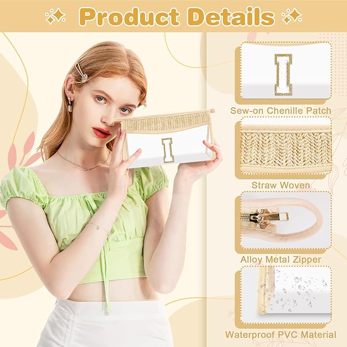 Personalized Initial Letter Bag Boho Straw Clear Makeup Bag,Small Cute Chenille Varsity Letter Pouch With Zipper,Beach Travel Toiletry,Portable Monogrammed Cosmetic Bag for Women Girls,I