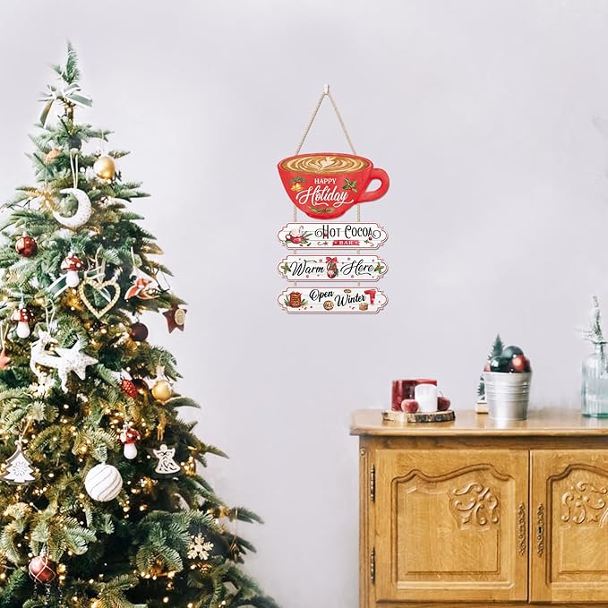 CHDITB Christmas Decor Hanging Wood Sign, Hot Cocoa Bar Wall Plaque, Christmas Theme Winter Art Wooden Signs Happy Holiday Party Hot Cocoa Porch Sign 4pcs Kitchen Cafe Coffee Bar Wall Art Xmas Decor