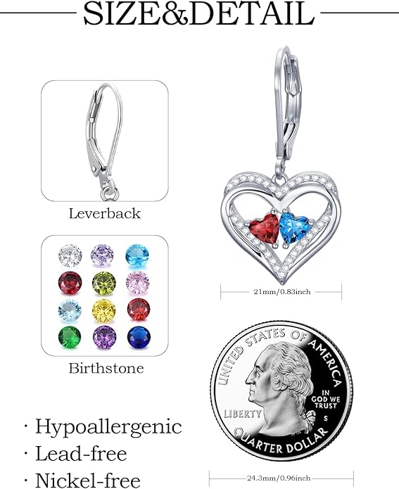 Heart Leverback Earrings Double Birthstone Dangle Earrings for Women, Love Jewelry for Her, Christmas Gifts for Women, Anniversary Birthday Gift for Mom Wife Girlfriend