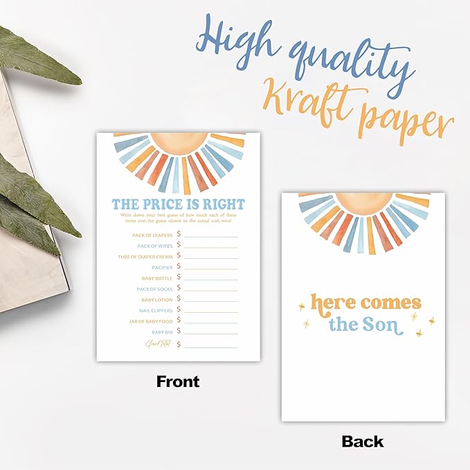 The Price Is Right Baby Shower Game Kit - Watercolor Retro Sun - 30 Double-Sided Fill In Game Cards For Baby Shower, Gender Reveal Party Favor, Activity & Supplies - D11