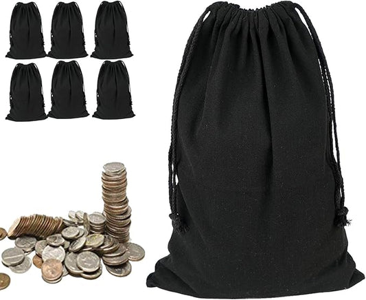 Lanyani 6 Packs Bank Coin Money Cash Bag Sacks, 12" x 17" Canvas Deposit Change Transit Bags with Drawstring, Heavy Duty, Black