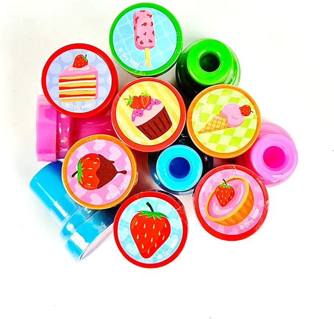 TINYMILLS Assorted Themed Stamps - 24 Pcs, 12 Different Strawberry Designs for Kids Party Favors & Goody Bag Fillers