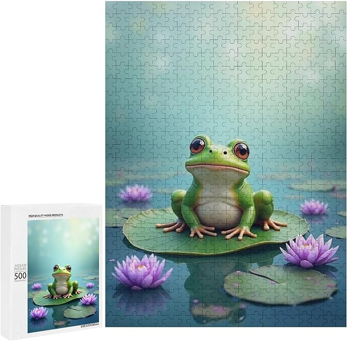 Puzzles for Adults 500 Pieces Wooden Jigsaw Puzzle - Lotus Pond Frog Theme Puzzle，Party Games，Family Toys，Educational Puzzles，Stress Relief Wooden Puzzle，Gifts for Family，Colleagues and Friends
