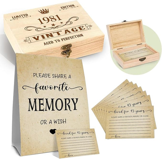 45th Birthday Party Share a Memory Set, 1981 Birthday Gifts for Women Men, 1981 Wooden Share A Memory Box with Memory Sign and 50 Pcs Memory Cards, 1981 Birthday Gifts, 45th Birthday Party Decorations