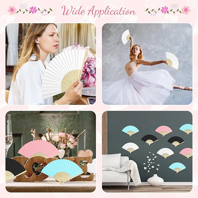 50 Piece Paper Fans - Bamboo Folding Hand Fans for Wedding Party and Home Decoration (Blue)