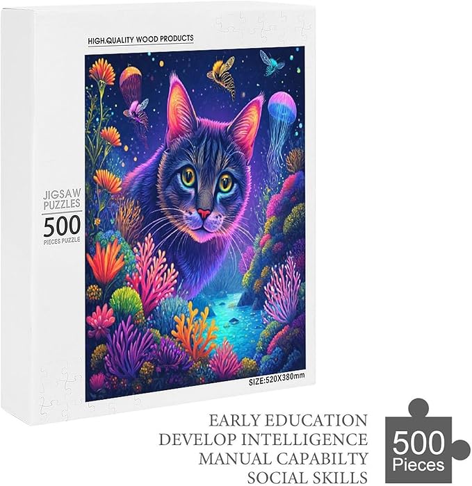Wooden Puzzles 500 Piece，Color Cat Portrait Themed Jigsaw Puzzles，Puzzle Games Challenge Puzzles，Educational Games，Family Puzzles，Unique Gifts for Wall Art