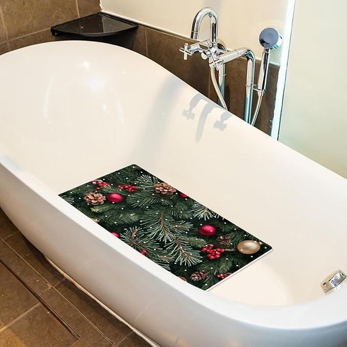 Non Slip Bath Mat for Tub, 15.1 x 26.8 Inch Bathtub Mat Machine Washable Shower Mat with Drain Holes and Suction Cups, Seamless Christmas and Winter Elements Pattern