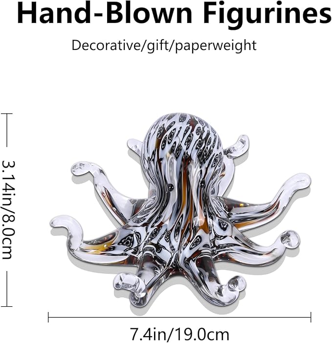 LCCCK Glass Octopus Statue Home Decor, Hand Blown Glass Decor Ocean Figurines Octopus Sculpture, Murano Art Office Desk Paperweights Fish Tank Aquarium Sea Animals Christmas Birthday Gift (Black)