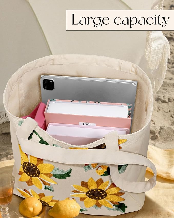 Miss Adola Aesthetic Embroidery Tote Bag for Women - Reusable Canvas Cute Shoulder Bag for Shopping, Grocery, Work, Book