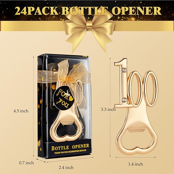 24 Packs of 100th Party Favors Bottle Openers for Birthday, Anniversary, and Wedding Guests Perfect Souvenirs with Gift Boxes and Decorations for Adults