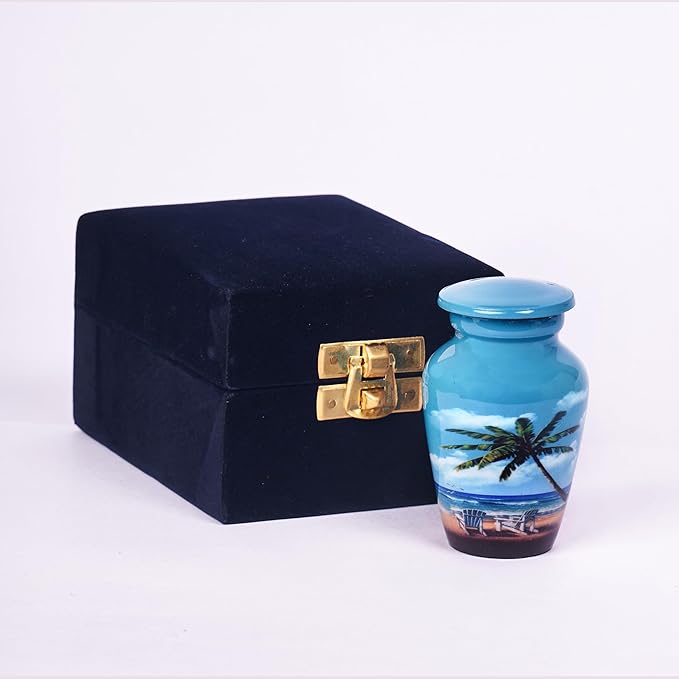 HLC Blue Beach Small Keepsake - Keepsake Urn with 1 Velvet Box Bag-Mini Keepsake Urn - Ashes Urn 3" H x 2.5" W x 2.5" L