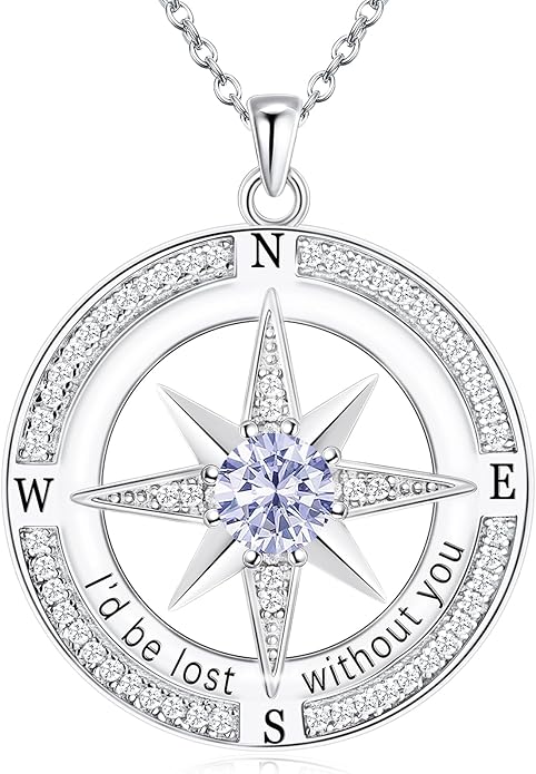 S925 Necklace Birthstone Compass Gift for Women Jewelry Sterling Silver Necklace for Wife Wedding Anniversary Girlfriend Birthday Gifts for Her Valentines Day Mom Mothers Day