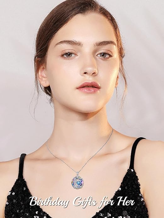 TOUPOP Tree of Life Birthstone Necklace 925 Sterling Silver Pendant Austrian Crystal Jewelry Anniversary Valentine's Day Birthday Gifts for Women Mom Her Wife