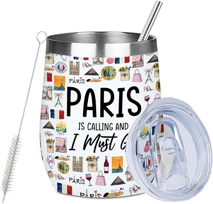France Gifts Travel Souvenir Wine Tumbler 12 oz Insulated Wine Glass Cup with Lid Straw Vacuum Cup,Paris Lover for Women Men Friend Bestie Birthday Christmas Trip Gifts Favors