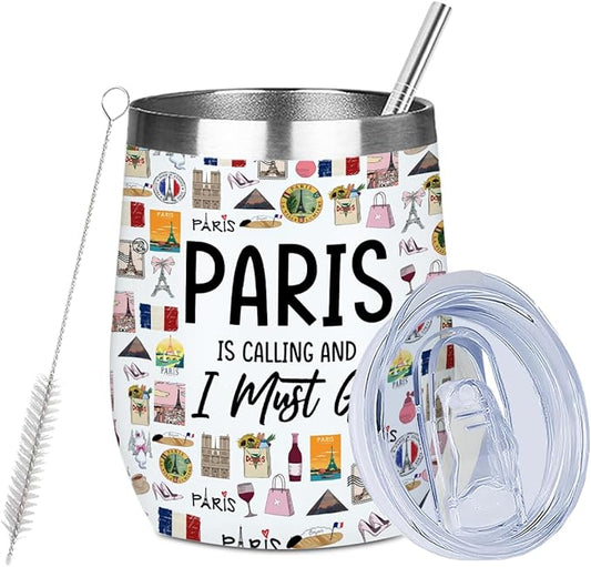 France Gifts Travel Souvenir Wine Tumbler 12 oz Insulated Wine Glass Cup with Lid Straw Vacuum Cup,Paris Lover for Women Men Friend Bestie Birthday Christmas Trip Gifts Favors
