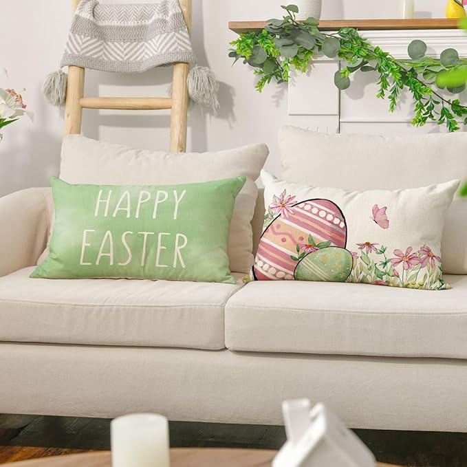 AVOIN colorlife Happy Easter Hunny Bunny Green Throw Pillow Covers, 12 x 20 Inch Easter Eggs Bunny Spring Cushion Case for Sofa Couch Set of 4