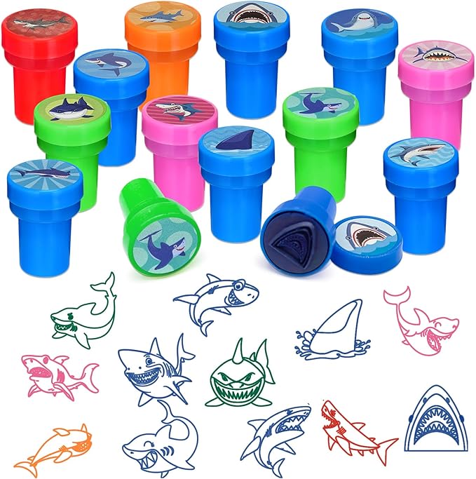 Cinrobiye 24 Pcs Shark Party Favors Stampers for Boys Girls Pre-Inked Sea Animal Stamps for Birthday Party Supplies Goody Bag Fillers School Classroom Rewards DIY Crafts Pinata Gift Prize