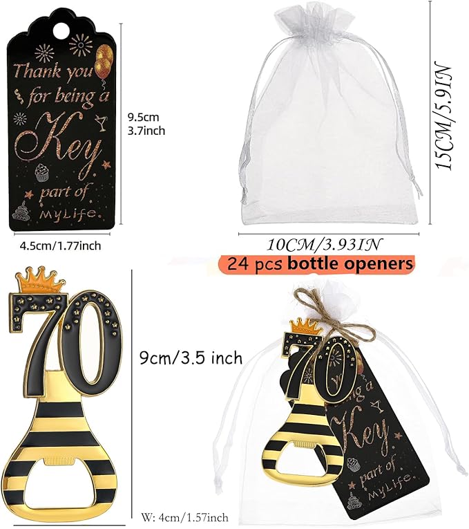 24pcs 70th Gold Keychain Bottle Opener 70th Birthday Party Favors, 70 Keychain Beer Bottle Opener Favors Anniversary Souvenirs Return Gifts for Guests Party Decor Supplies (black 70)