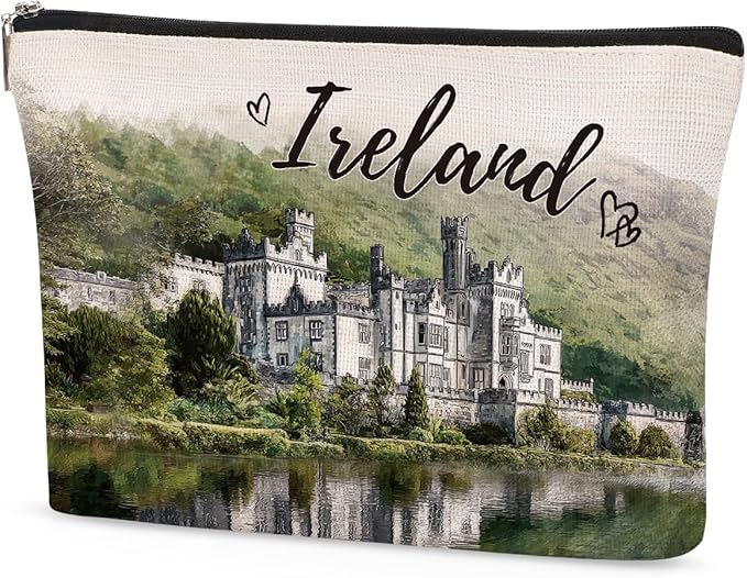 Kylemore Abbey Ireland Makeup Bag Gifts – Ireland Travel Essentials Watercolor Cosmetic Bag, Irish Gifts for Women Girls, Zipper Toiletry Pouch, Irish Souvenir Organizer Waterproof Linen