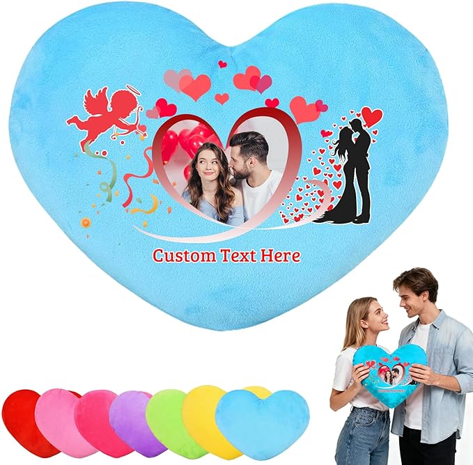 Custom Heart Pillow with Photo Name, Personalized Heart Pillows Decorative Throw Pillows as Valentine Pillow Personalized Gifts for Women Men Kids Family on Valentines Day Anniversary