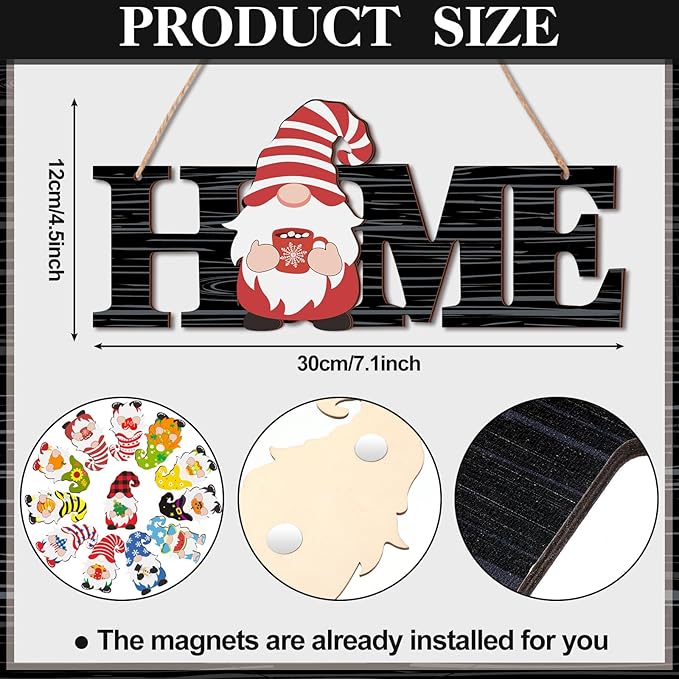 Yookeer 13 Pcs Interchangeable Gnome Home Sign Wood 3D Christmas Winter Seasonal Door Decor Rustic Farmhouse Home Decoration for Holiday Wall Decor Gift(Black and White Stripes)
