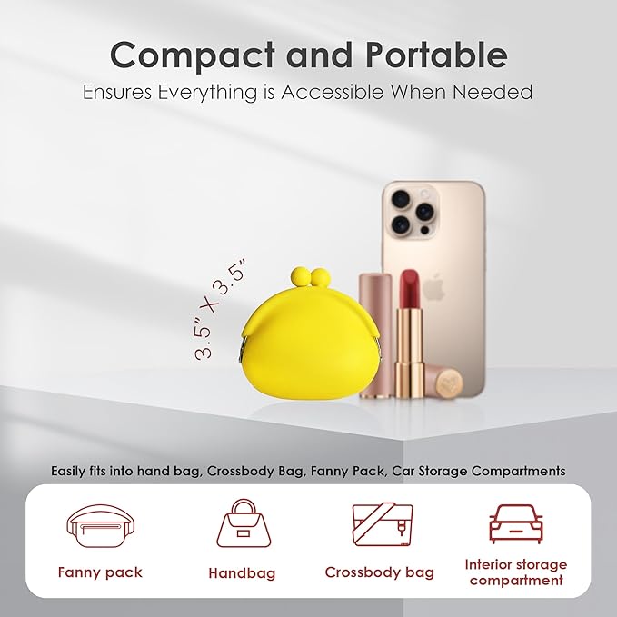 Coin Purse for Women – Silicone Small Coin Pouch with Kiss Lock for Coins, Keys, Lipstick, and Earphones – Mini Cute Change Purse, Coin Purse & Pouch for Daily Life, Cars, Travel, Party (Yellow)