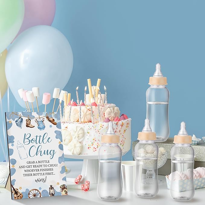 TrelaCo Cool Baby Shower Games Bottle Chug Sign and 12 Pcs Baby Bottle Shower Favor for Games Gender Reveal(Blue,Little Cowboy)